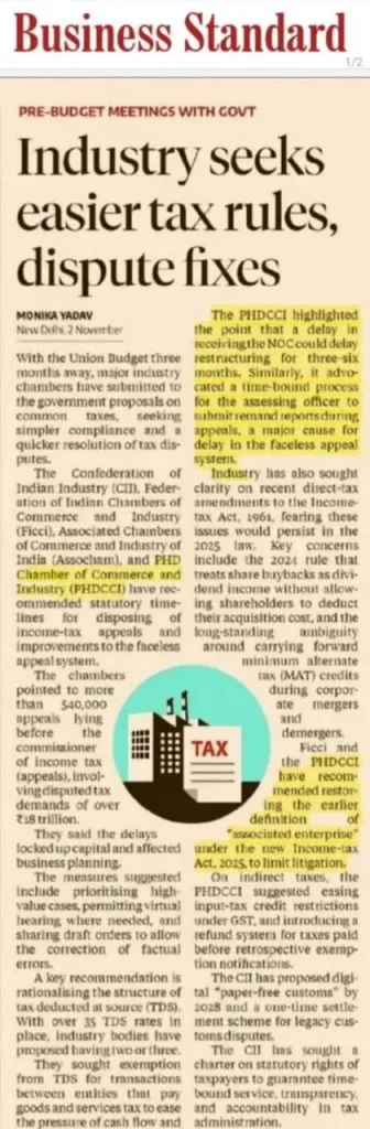 Media coverage garnered for PHDCCI meeting with Shri Arvind Shrivastava, Revenue Secretary, Ministry of Finance, regarding Pre-Budget Consultations.