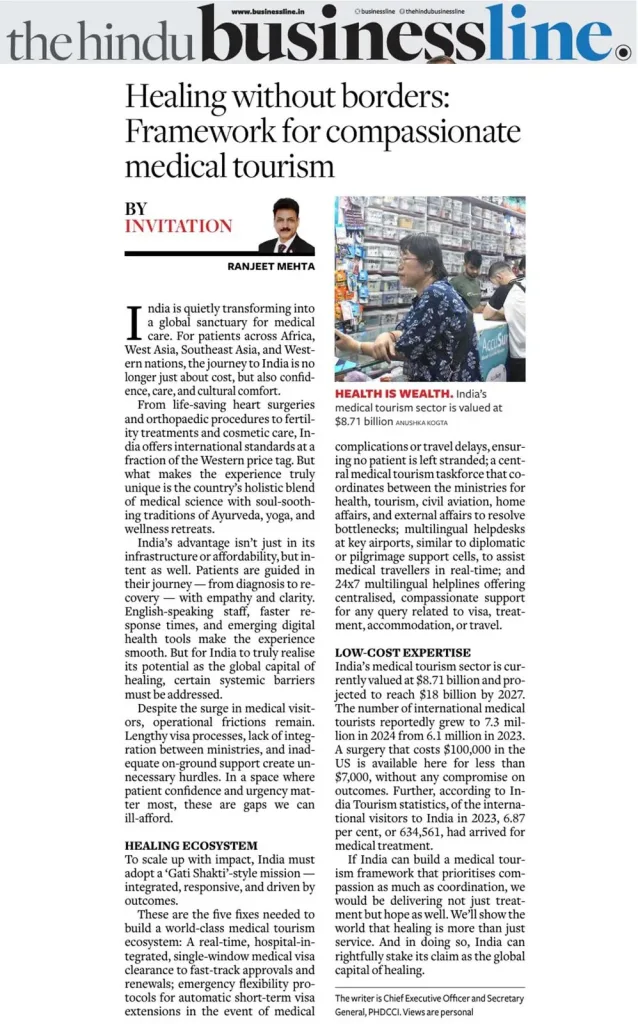 Authored article by Dr. Ranjeet Mehta on Medical Tourism in The Hindu BusinessLine, July 28th.