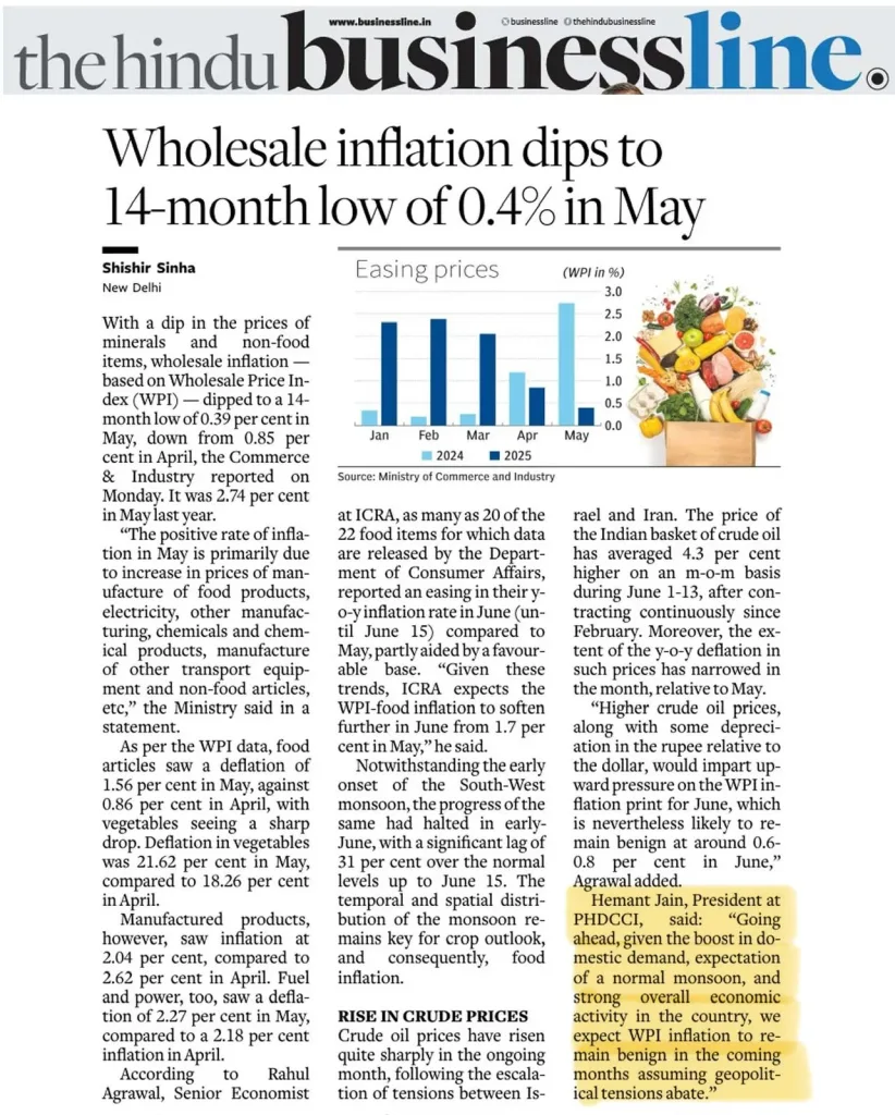 Coverage of WPI inflation hits multi-month low in May 2025, a welcome signal for propelling the economy: PHDCCI.