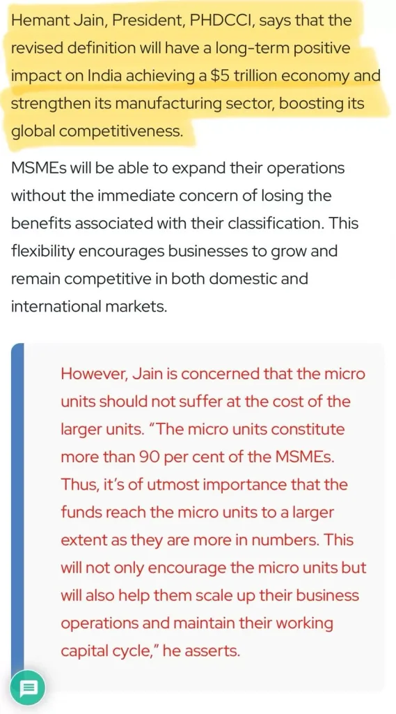Coverage of inputs by Mr. Hemant Jain, President, PHDCCI, featured in SME Futures on the modified MSME definition.