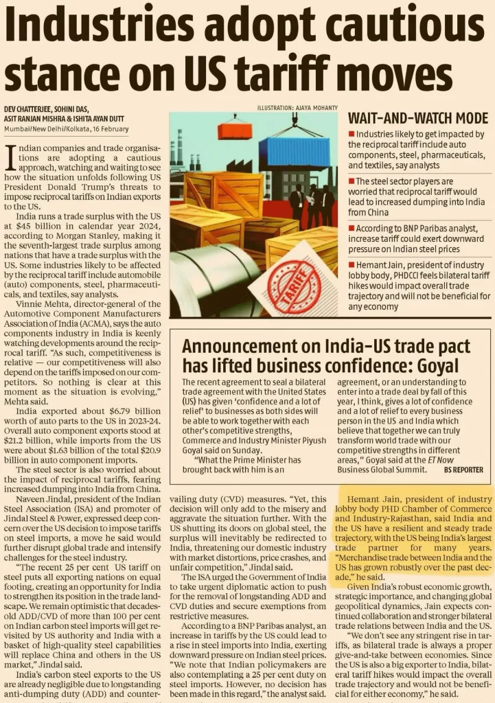 Mr. Hemant Jain, President, PHDCCI inputs featured in Business Standard: Indian companies take cautious stance on US reciprocal tariff moves.