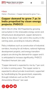 phdcci Coverage of exclusive story by PTI titled Copper demand to grow 7 percent in India, propelled by clean energy projects: PHDCCI.