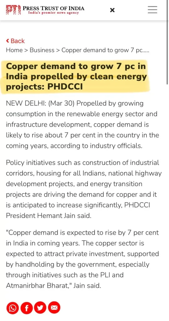 Coverage of exclusive story by PTI titled Copper demand to grow 7 percent in India, propelled by clean energy projects: PHDCCI.