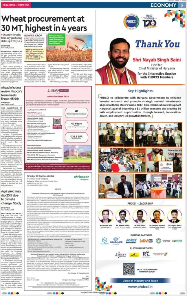 Half-page advertisement thanking Shri Nayab Singh Saini, Chief Minister of Haryana, published in Financial Express editions of Delhi, Lucknow, and Chandigarh.