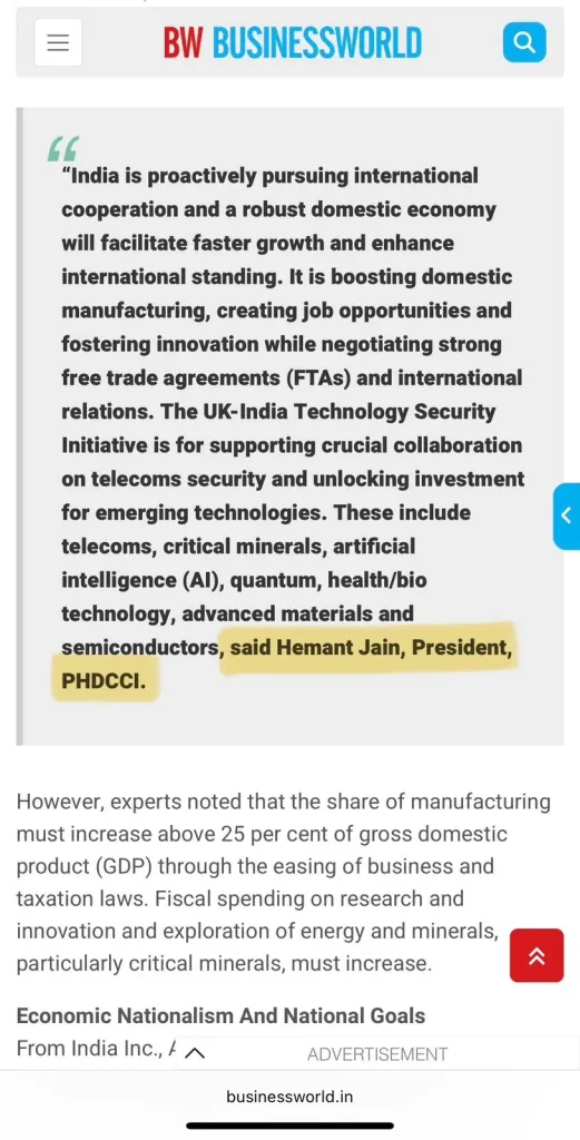 Coverage featuring inputs by Mr. Hemant Jain, President, PHDCCI, in an exclusive story on economic nationalism by Business World.