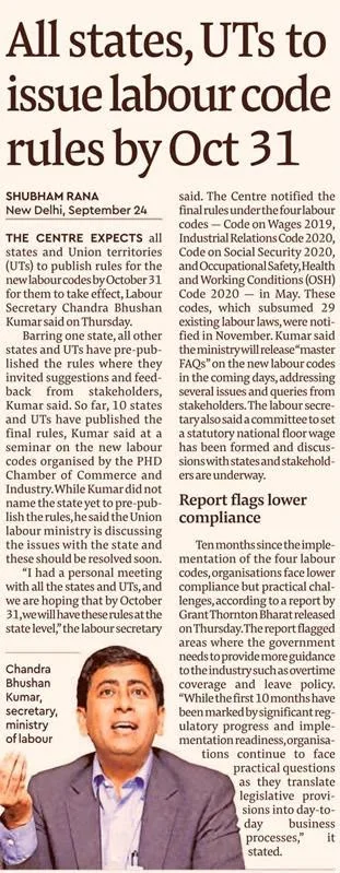 Coverage garnered  for PHDCCI’s Seminar on New Labour Codes held on Sep 24th 2026, at PHD house